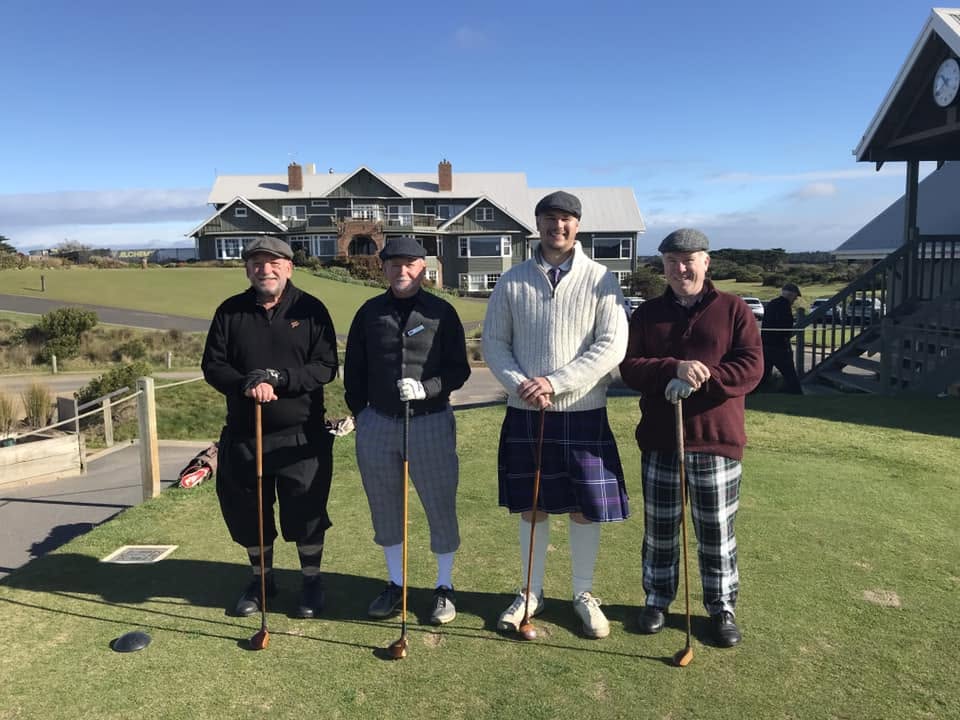 Peter Whittall, Peter Crowe, Ben Flavel and Matthew Delahunty with hickory clubs at Barwon Heads